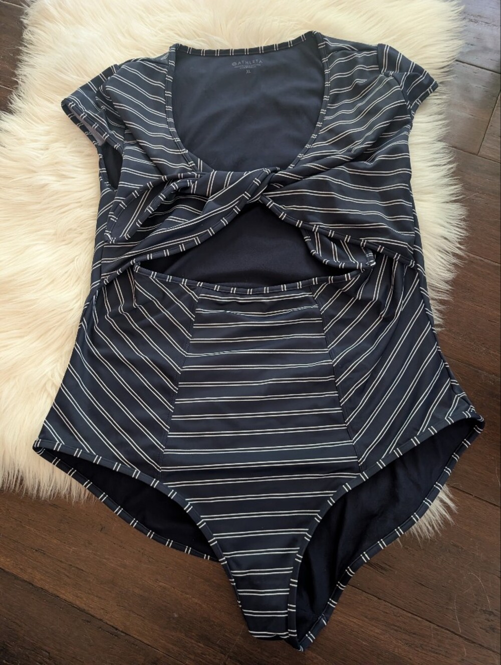 Athleta Navy Blue White Striped One-Piece Swimsuit Tie Cap Sleeve XL